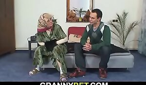 Lonely old grandma sucks and rides his cock