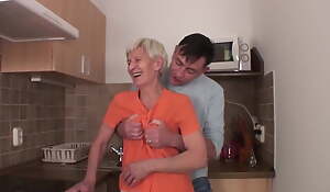 Prudish granny bonks with young guy in burnish apply pantry
