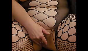 Watching my Plumper wifey rub her beaver in the air fishnets added to stroking my uncut dick decoration 2