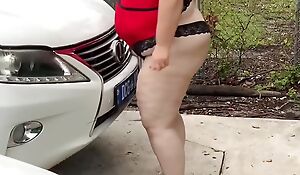 Sexy, big ass, horny and scorching BBW, with big hooters caught masturbating publicly in the car and gets cum on his ass