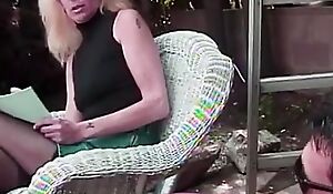 Ash-blonde Mummy in stockings gets fucked outdoors