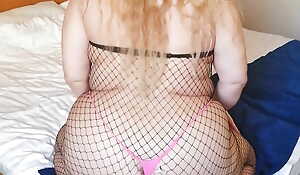 Kitty Queen Chubby PAWG thither will not hear of pink thong and ebony fishnet pantyhose - Ash-blonde Mummy