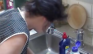 Old shriveled cleaning woman fucked on someone's skin stove