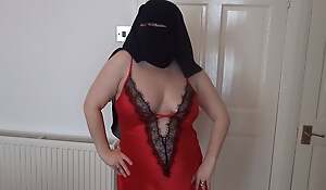 Pale Skin MILF in Niqab and Red Silk Undergarments Dancing Striptease