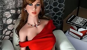 Mature brunette sex doll in long red dress