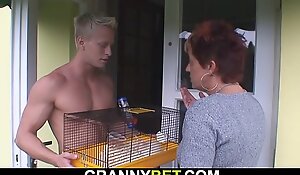 Younger dude smashes her hairless venerable vagina