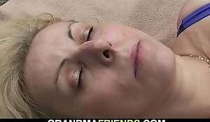 Two buddy fuck old blonde granny on the beach
